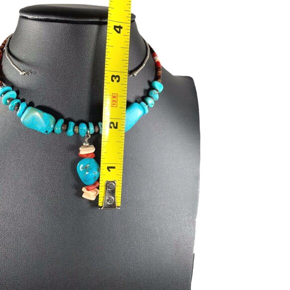 Turquoise Coral Beaded Memory Wire Liquid Silver Boho Artisan Choker Necklace - Picture 3 of 6